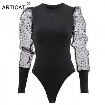 Puff Sleeve Lace Bodysuit Women Tops Autumn Long Sleeve Bodycon Rompers Womens Jumpsuit Skinny Basic Slim Sexy Bodysuits
